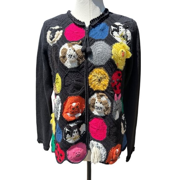 Susan Bristol Sz S Hand Embroidered Novelty Zoo Animal Zip Up Cardigan Wacky - Picture 1 of 12